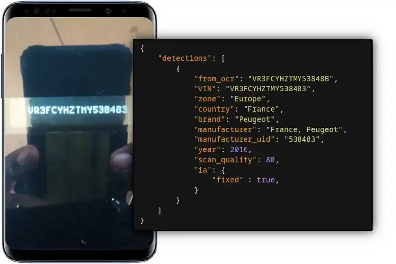 Un ejemplo del OCR de números VIN, donde se puede ver un mobil haciendo una foto de un VIN, y la API retornando los datos extraidos y corregidos