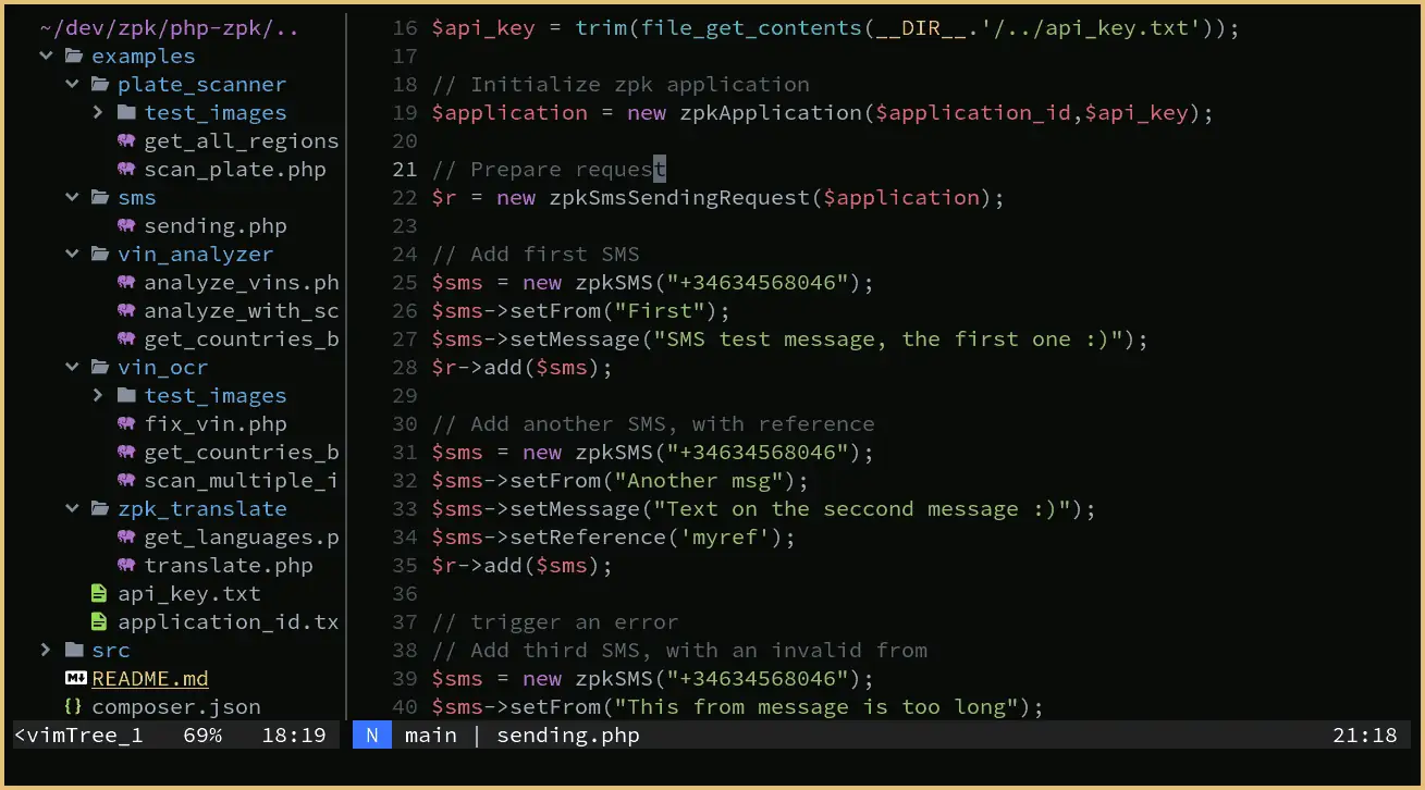 Captura de pantalla de un editor con código PHP usando el SDK de la API de ZPK Systems