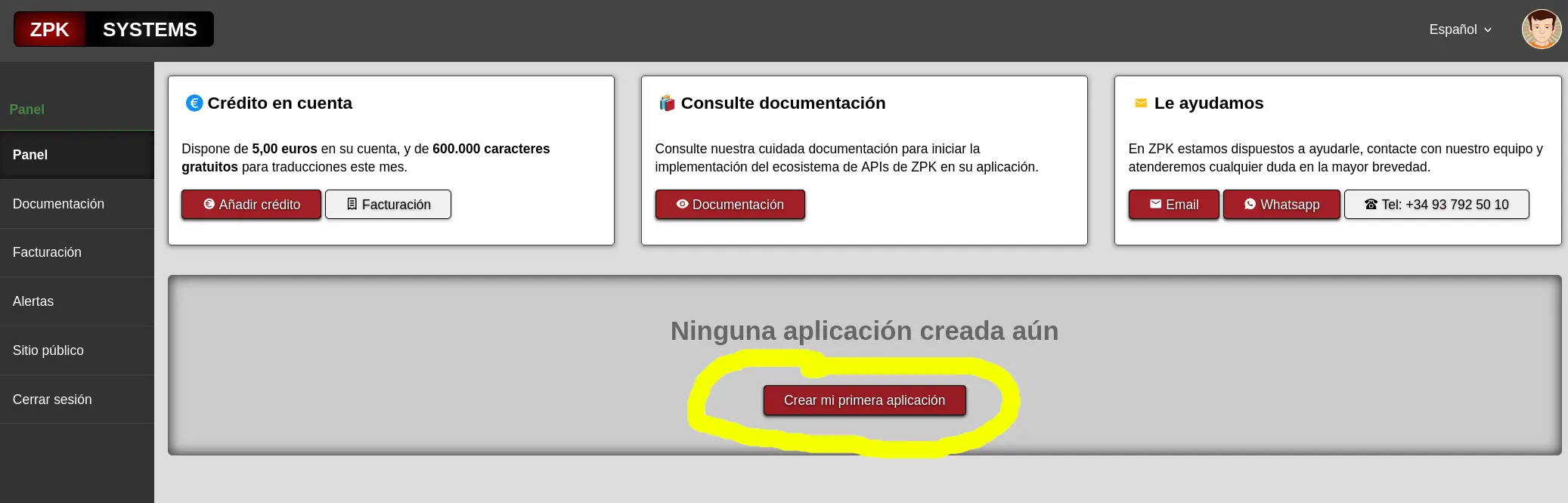 Ubicación del botón de de crear nueva aplicación en el panel para crear nuesta app de captura de páginas.