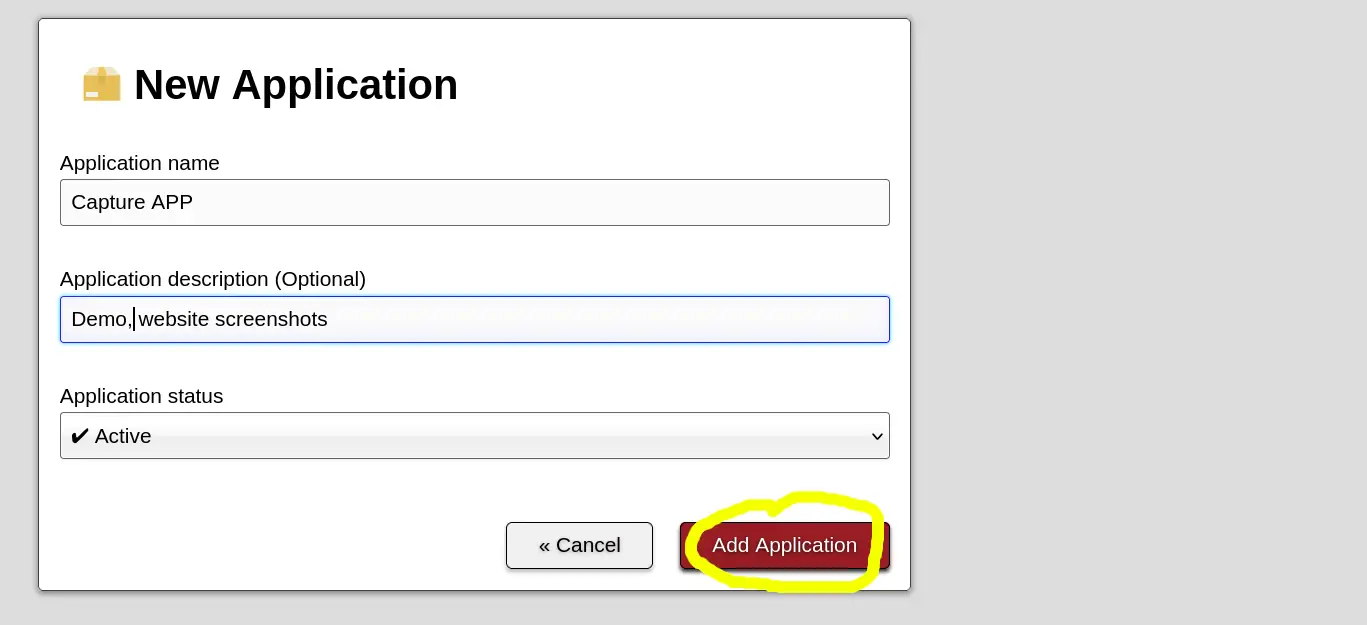 New Application form, give it a descriptive name like 'Page Capture' or similar.