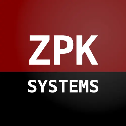 Logotipo de ZPK Systems, letras blancas sobre fondo negro y rojo.